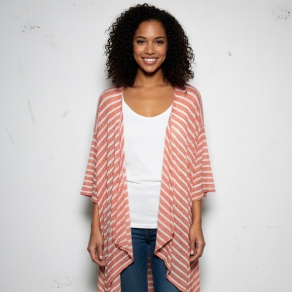 LuLaRoe Coral White Stripe Open Knit Dolman Sleeve Long Duster Cardigan NWOT M‎ - Picture 2 of 15